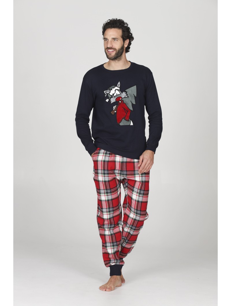 Happy People HAL266 ARON Pigiama uomo  girocollo blue e pantaloni in calda flanella con fantasia scozzese nei toni del rosso