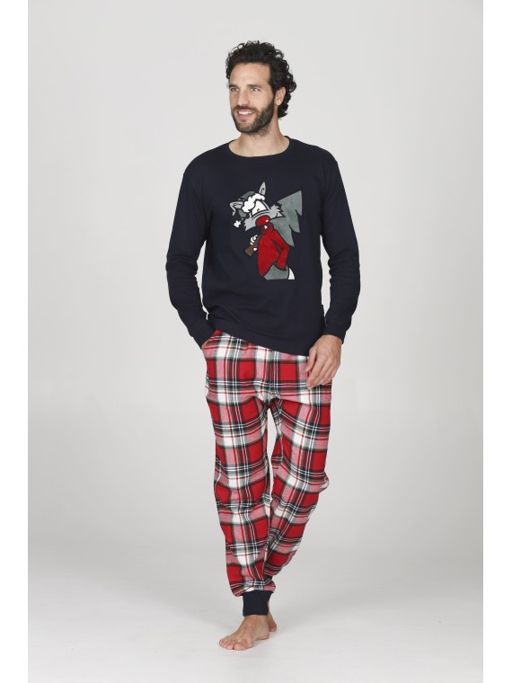 Happy People HAL266 ARON Pigiama uomo  girocollo blue e pantaloni in calda flanella con fantasia scozzese nei toni del rosso