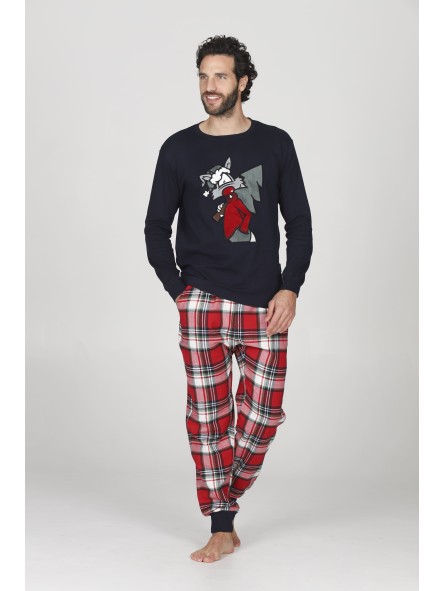 Happy People HAL266 ARON Pigiama uomo  girocollo blue e pantaloni in calda flanella con fantasia scozzese nei toni del rosso