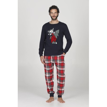 Happy People HAL266 ARON Pigiama uomo  girocollo blue e pantaloni in calda flanella con fantasia scozzese nei toni del rosso