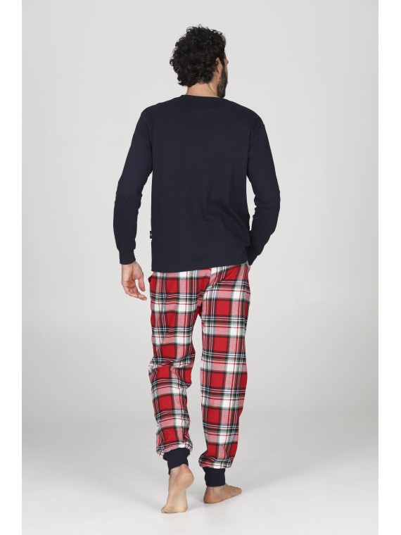 Happy People HAL266 ARON Pigiama uomo  girocollo blue e pantaloni in calda flanella con fantasia scozzese nei toni del rosso