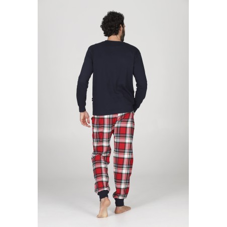 Happy People HAL266 ARON Pigiama uomo  girocollo blue e pantaloni in calda flanella con fantasia scozzese nei toni del rosso