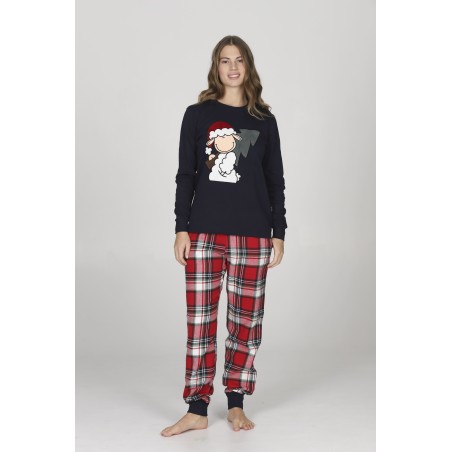 Happy People HEL227 ARIANNA  Pigiama donna  girocollo  pantaloni in calda flanella con fantasia scozzese nei toni del rosso