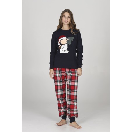 Happy People HEL227 ARIANNA  Pigiama donna  girocollo  pantaloni in calda flanella con fantasia scozzese nei toni del rosso