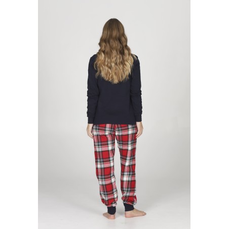 Happy People HEL227 ARIANNA  Pigiama donna  girocollo  pantaloni in calda flanella con fantasia scozzese nei toni del rosso