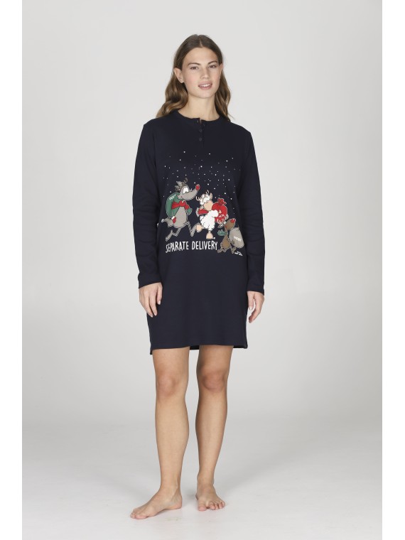 Happy People HFL231 ARIANNA  Camicia da notte blu con divertente stampa natalizia